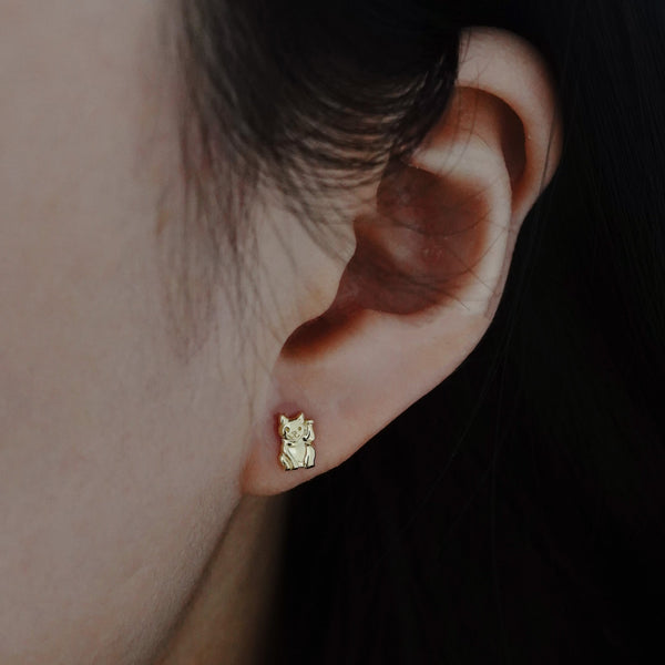 Flatback Neko Earrings - Baby Earrings - Piercing - 14k Solid Gold